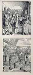 Der Triumphbogen von Kaiser Maximilian I. (1459-1519): Detail, das zwei Tafeln über dem linken Portal zeigt, die Ereignisse im Leben von Kaiser Maximilian darstellen, veröffentlicht 1517-28