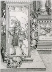 Der Triumphbogen von Kaiser Maximilian I. von Deutschland: Detail der Portalbasis mit einem geschnitzten Relief einer männlichen Figur, die ein Banner und ein gekröntes Wappen trägt, 1517-18