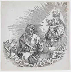 Die Jungfrau erscheint dem heiligen Johannes, aus der Ausgabe von 1511 der „Apokalypse“