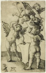 Drei Putti mit Schild und Helm