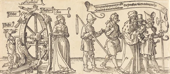 Zeit und ein Fuchs drehen das Rad des Schicksals mit Menschen aller Ränge, wahrscheinlich 1526