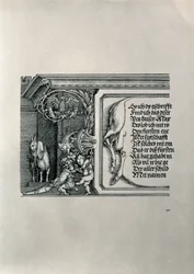 Der Triumphbogen von Kaiser Maximilian I. von Deutschland: Detail eines Hirschfells mit einer Inschrift, die die Familienverbindungen des Kaisers lobt, mit einem Schlappohr-Ziegenbock, Symbol für scharfes Gehör