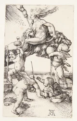 Hexe, die rückwärts auf einer Ziege reitet