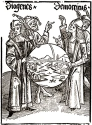 Diogenes (-413 - -327) und Demokrit (-460 - -370) - in „Das Narrenschiff“ von Sebastian Brant (1458 - 1521). Gravur.