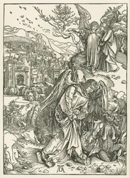 Der Engel mit dem Schlüssel wirft den Drachen in den Abgrund und ein anderer Engel zeigt dem Heiligen Johannes das Neue Jerusalem