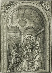 Die Heilige Familie mit zwei Engeln in einer gewölbten Halle