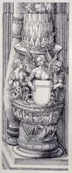 Der Triumphbogen von Kaiser Maximilian I. von Deutschland (1459-1519): Detail der zentralen Tore der Ehre und Macht, linke Säulenbasis verziert mit Bändern aus Laub und geflügelten weiblichen Greifen, datiert 1515, veröffentlicht 1517/18 (Holzschnitt)