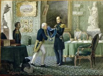 Kaiser Nikolaus I. von Russland (1796-1855) verleiht das blaue Band des Ordens des Heiligen Andreas an Graf Michail Speranski (1772-1839)