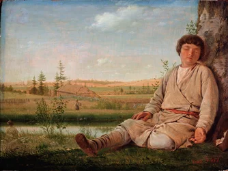 Schlafender Hirtenjunge - Gemälde von Alexei Gavrilovich Venetsianov (1780-1847), Öl auf Leinwand