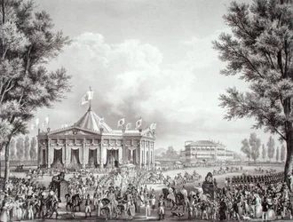 Prozession am Pavillon vorbei, der anlässlich der Krönung Ferdinands I. (1793-1875) errichtet wurde
