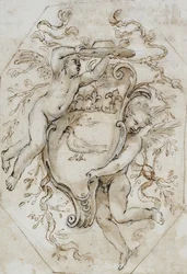 Zwei Putti, die einen Kardinalshut und ein Wappen mit den Armen von Camillo Pamphili tragen: Entwurf für eine Stuckdekoration