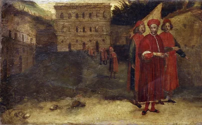 Heilige Märtyrer, Detail der Predella mit einer Darstellung des Palazzo Pitti im Hintergrund. Gemälde von Alessandro Allori (1535 - 1607)