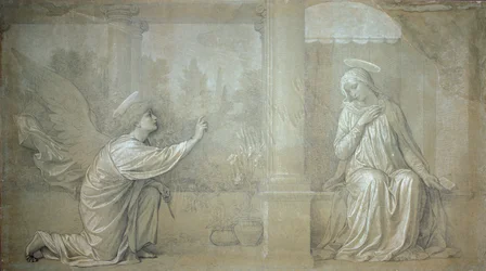 Die Verkündigung, vorbereitender Karton für das Fresko der Cappella Raffo im Friedhof der Misericordia, Siena
