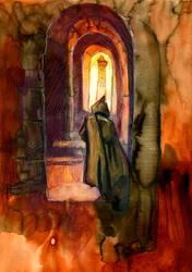 Ein Mönch in einem Spukschloss. Illustration von Alessandro Lonati