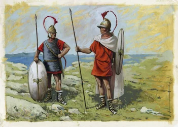 Antikes Griechenland: Thureophoros-Söldner (3.-1. Jahrhundert v. Chr.) (rechts) und Thorakites (links) Zeichnung von Alessandro Lonati