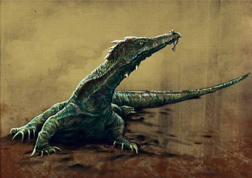 Fantastische Monster und Kreaturen, Kryptozoologie: Darstellung eines Buru, eines großen Eidechsen, die im Nordosten Indiens gesehen worden sein soll. Zeichnung von Alessandro Lonati, 2012