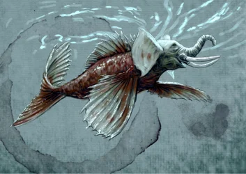 Fantastische Monster und Kreaturen, Kryptozoologie: Darstellung eines Makara, eines Wassertiers aus dem mythologischen Bestiarium Indiens; es besitzt einen Rüssel, der es dem See-Elefanten annähert, den Zahn eines Krokodils und einen Fischschwanz