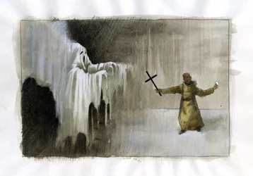 Kampf zwischen einem Mönch mit einem Kruzifix und einem Geist - Illustration von Alessandro Lonati