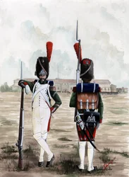 Erstes Kaiserreich (1804-1814 und 1815): Grenadiersoldaten der königlichen Garde der großen napoleonischen Armee auf dem Platz des Sforzesco-Schlosses in Mailand, Italien Zeichnung von Alessandro Lonati