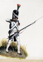 Erstes Kaiserreich (1804-1814 und 1815): Velitesoldat der großen napoleonischen Armee in Italien öffnet eine Patrone Zeichnung von Alessandro Lonati