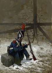 Erstes Kaiserreich: Gardegrenadier im Mantel, der im Schnee sitzt