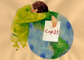 Zukunft der Erde, ein weinender Mann hält das COP21-Schild (Klimakonferenz der Vereinten Nationen 2015) in seinen Händen, die in Paris stattfand und Lösungen für die globale Erwärmung und die Umweltverschmutzung finden sollte