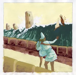Illustration des Mythos der unter dem Atlantis-Meer verschwundenen Insel (Atlantis): Ansicht des Tsunamis, der die griechische Stadt der legendären Insel überflutet. Farbdarstellung von Alessandro Lonati.