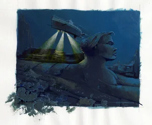 Illustration des Mythos der unter dem Meer versunkenen Insel Atlantis: Ein U-Boot erkundet den Meeresboden und entdeckt die Ruinen der legendären Insel Farbillustration von Alessandro Lonati
