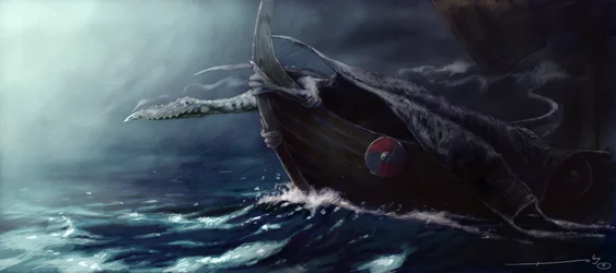 Legendäre Kreatur: Drache greift einen Drakkar (Wikingerschiff) an. Zeichnung von Alessandro Lonati