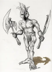 Legendäres Monster für Fantasy-Illustration: Trollkrieger mit Äxten. Zeichnung von Alessandro Lonati