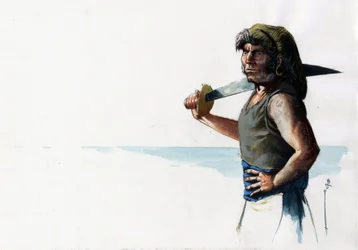 Porträt eines Piraten oder Seemanns mit einem Schwert, der aufs Meer blickt. Farbzeichnung von Alessandro Lonati.