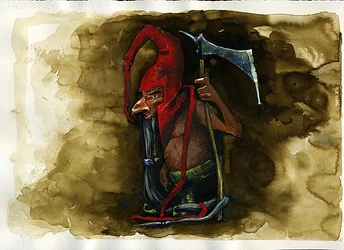 Darstellung einer Rotkappe (Rotkappe, Powrie oder Dunter, Rot-Bonnet) legendäre bösartige Kreatur der Koboldfamilie aus der britischen Folklore Illustration von Alessandro Lonati