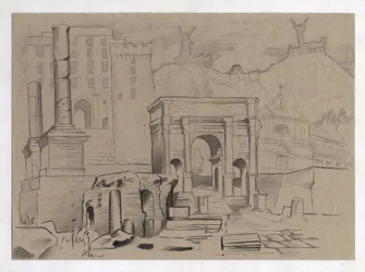 Ruinen der Römerzeit in Rom, Forum (foro romano). Zeichnung von Alessandro Lonati.
