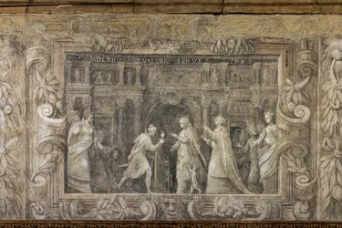Monochromes Fresko, das Theateraufführungen reproduziert