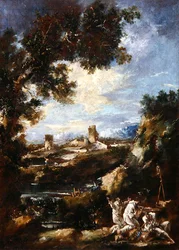 Landschaft mit betenden Karmelitenmönchen an einem Wegesrand-Schrein, ca. 1720