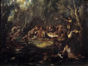 Szene des klösterlichen Lebens: Mönche beim Frühstück, Beten und Lesen im Unterholz. Gemälde von Alessandro Magnasco