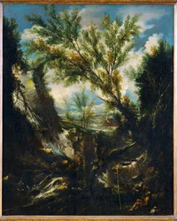 Stürmische Landschaft mit dem Propheten Elija und dem Kirchenvater Hieronymus