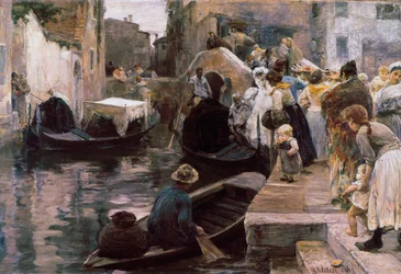 „Hochzeit in Venedig“. Das junge Brautpaar besteigt eine Gondel. 1897, Rom, Galleria Nazionale d