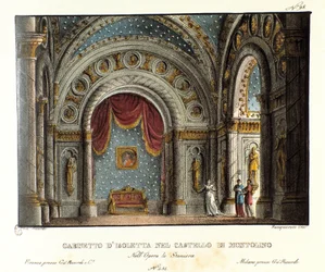 Isolettas Kabinett im Schloss Montolino in der Bretagne Bühnenbild für die Aufführung der Oper „La straniera“ (1828) von Vincenzo Bellini im Teatro alla Scala im Jahr 1829. Lithographie in „Raccolta di invenzioni sceniche del 1830 di Alessandro Sanquirico
