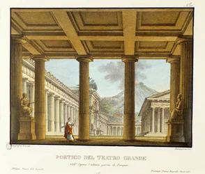 Portikus des Großen Theaters in Pompeji, im Hintergrund der Vesuv (Detail)