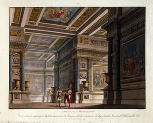 Szenografie von Alessandro Sanquirico (1777-1849) für „La Clemence de Tito“ von Wolfgang Amadeus Mozart (1756-1791) aufgeführt in La Scala in Mailand 1819 und Darstellung des Raums im Königspalast von Tito