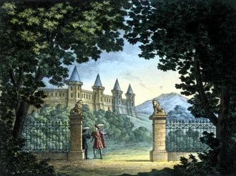 Szenografie von Sanquirico für die Oper „Anna Bolena“ von Gaetano Donizetti. Teatro Carcano, Mailand