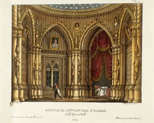 Das Schlafzimmer von Elmire (oder Elmiro) Bühnenbild für die Oper „Otello“ von Gioacchino Rossini (1816) nach William Shakespeares Stück „Othello oder der Mohr von Venedig“ 1830 (Lithographie)