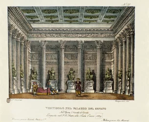 Das Vestibül des Palastes des Senats (Akt I). Szenografie für die Aufführung der Oper „Die Belagerung von Korinth“ (1826) von Gioacchino Rossini. Lithografie in „Raccolta di invenzioni sceniche del 1830 di Alessandro Sanquirico“