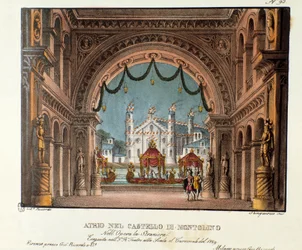 Das Vestibül des Schlosses Montolino in der Bretagne Bühnenbild für die Aufführung der Oper „La straniera“ (1828) von Vincenzo Bellini im Teatro alla Scala im Jahr 1829. Lithographie in „Raccolta di invenzioni sceniche del 1830 di Alessandro Sanquirico