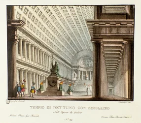 Ansicht des Tempels von Neptun. Szenografie für die Aufführung der lyrischen Tragödie „Didone“ (1783) von Niccolo Vito Piccinni nach der Oper von Metastasio. Lithografie in „Raccolta di invenzioni sceniche del 1830 di Alessandro Sanquirico“
