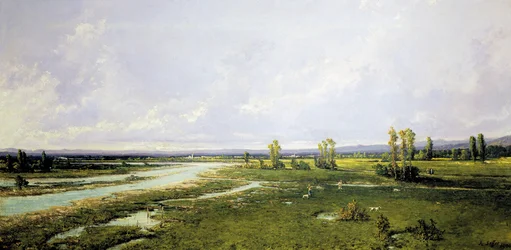 Jagd am Flussbett des Piave in Belluno, Gemälde von Alessandro Seffer (1832-1905)