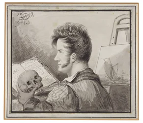 Selbstporträt als junger Mann mit Schädel