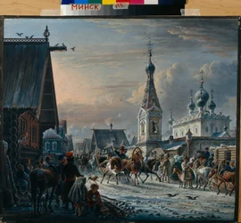 Russische Postschlitten (Troika) fahren im Winter durch eine Straße und grüßen die Bewohner