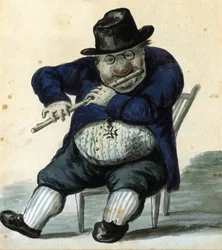 Karikaturporträt des Architekten Giacomo Quarenghi (1744-1817). Hauptarchitekt von Sankt Petersburg, dargestellt mit Brille, sitzend, Flöte spielend, mit Ehrenmedaille.